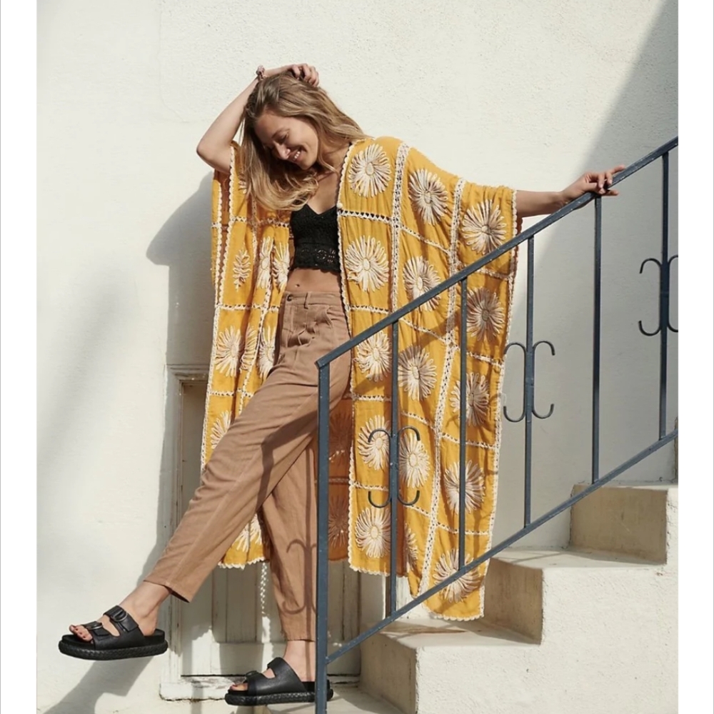 Free People Yellow Floral Kimono